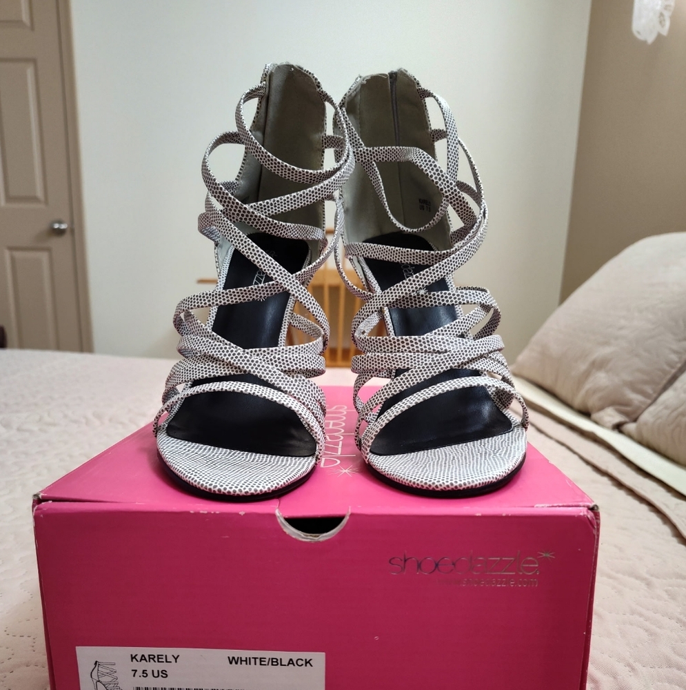 Women's White and Black Strappy Heels